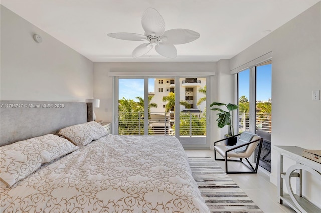 bedroom featuring access to outside and ceiling fan