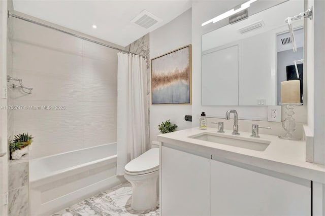 full bath featuring marble finish floor, visible vents, shower / bathtub combination with curtain, toilet, and vanity