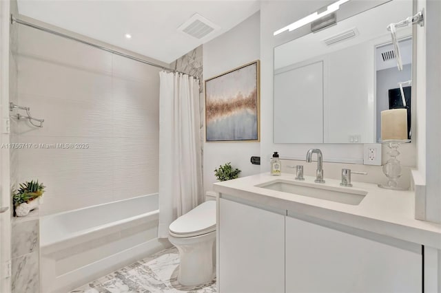 bathroom with shower / bath combination with curtain, visible vents, marble finish floor, and toilet