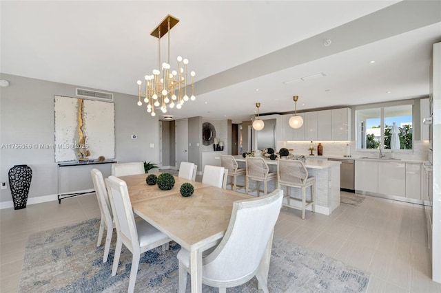 dining space with visible vents, a notable chandelier, recessed lighting, light tile patterned floors, and baseboards