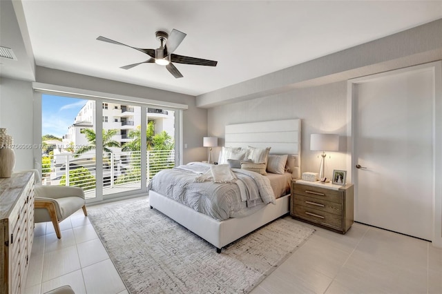 bedroom with access to outside, light tile patterned floors, a ceiling fan, and visible vents