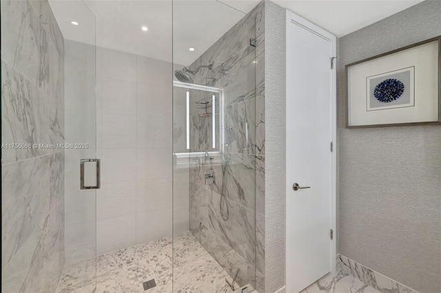 full bath with recessed lighting, marble finish floor, and a marble finish shower