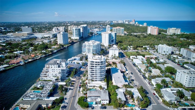 bird's eye view with a city view and a water view