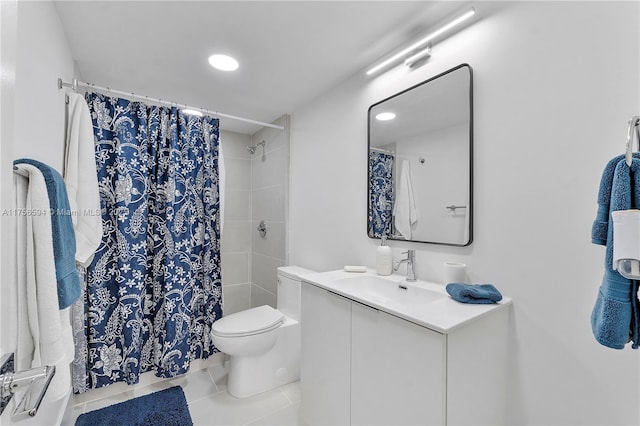 bathroom featuring toilet, curtained shower, tile patterned flooring, and vanity