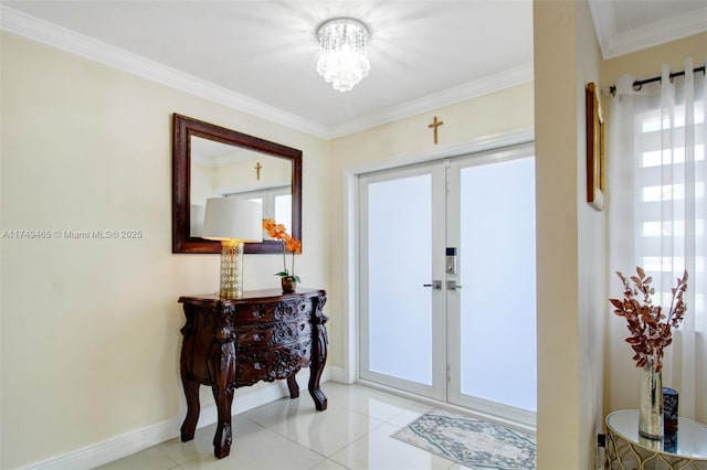 entrance foyer with ornamental molding, french doors, light tile patterned flooring, and baseboards