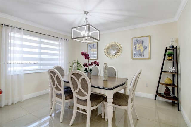 dining area with ornamental molding and light tile patterned floors