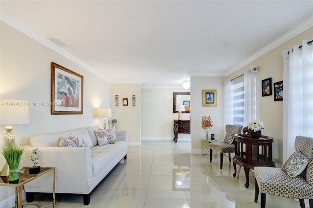 living area with visible vents, baseboards, crown molding, and light tile patterned flooring