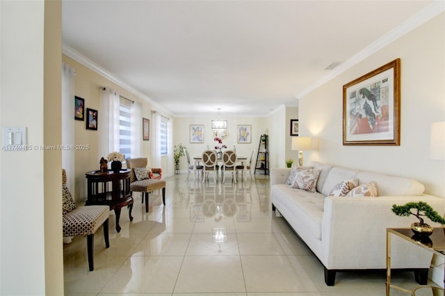 living room with light tile patterned floors, visible vents, and ornamental molding