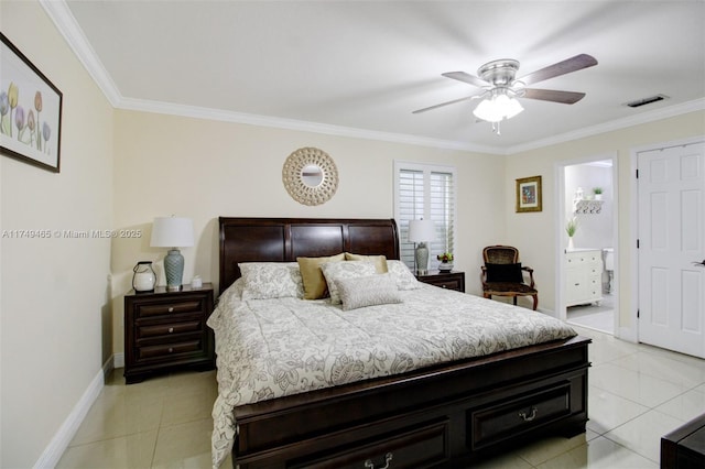 bedroom featuring visible vents, crown molding, and light tile patterned floors