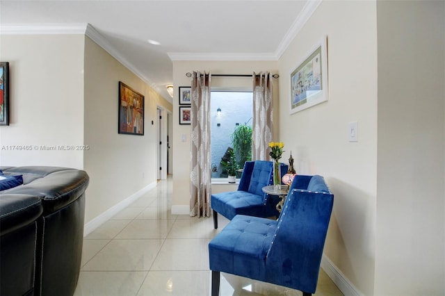 corridor with light tile patterned flooring, crown molding, and baseboards