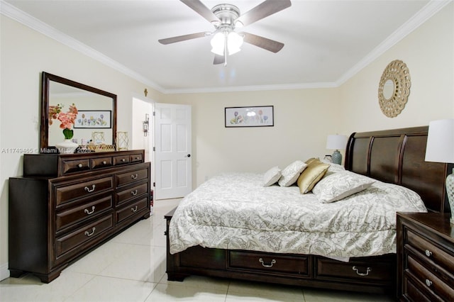 bedroom with light tile patterned floors, a ceiling fan, and crown molding