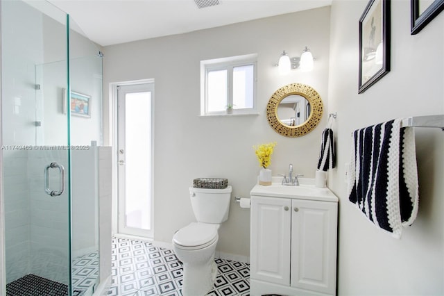 full bathroom with visible vents, baseboards, toilet, vanity, and a shower stall