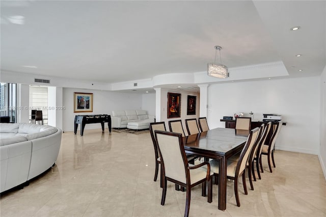 dining room featuring recessed lighting, visible vents, decorative columns, and baseboards