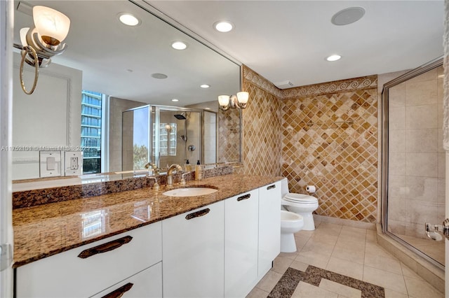 bathroom featuring a bidet, toilet, tile walls, tile patterned floors, and a stall shower