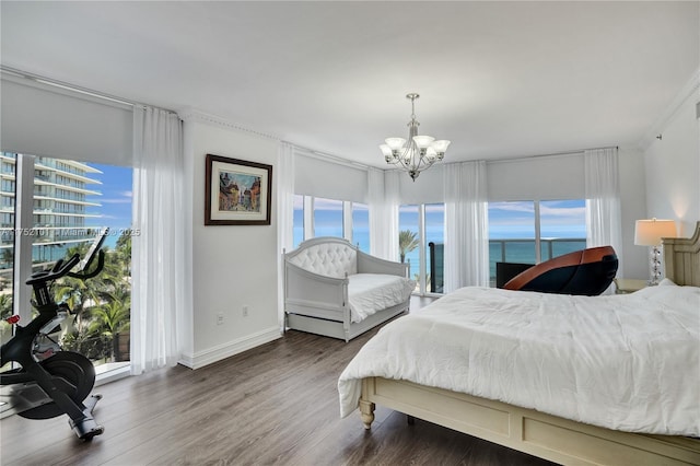 bedroom with an inviting chandelier, access to exterior, baseboards, and wood finished floors