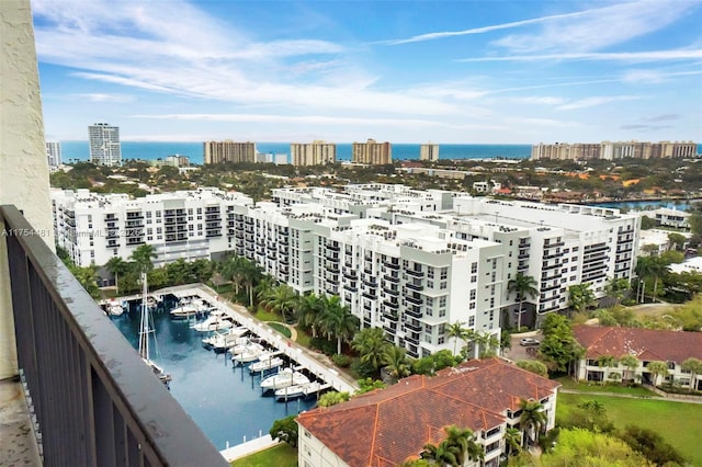 drone / aerial view featuring a water view and a city view