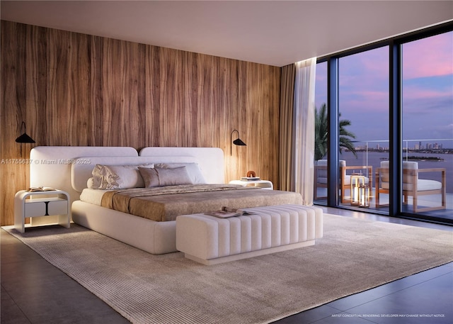 bedroom with a wall of windows, access to outside, and wooden walls