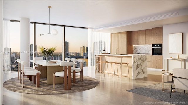 dining room with a city view and floor to ceiling windows