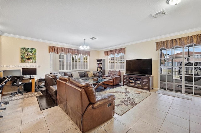 tiled living area featuring a healthy amount of sunlight, visible vents, and crown molding