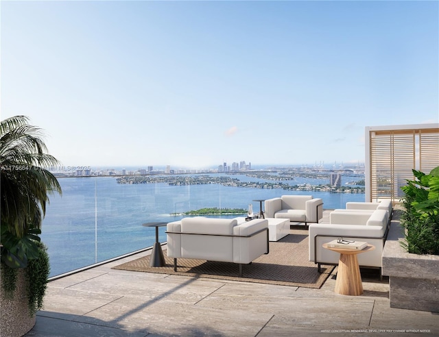 view of patio / terrace featuring a water view and an outdoor living space