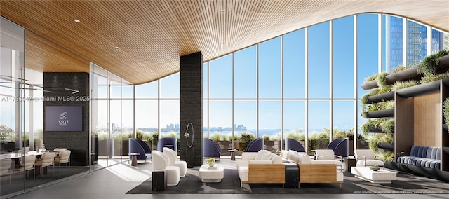 building lobby with a water view