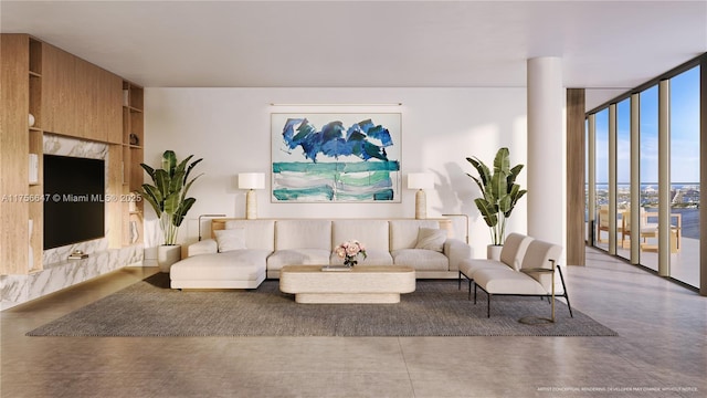 living room with finished concrete flooring and expansive windows