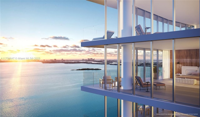 interior space with a water view