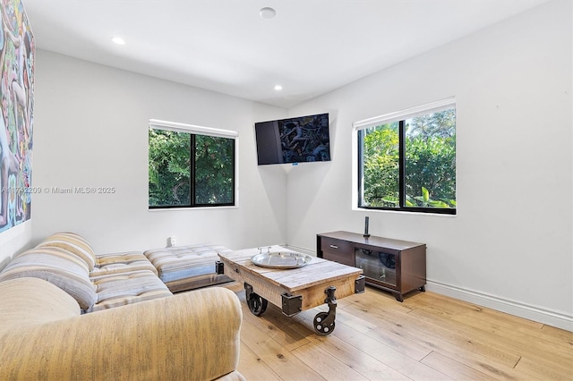 living room with baseboards, light wood-style flooring, and recessed lighting