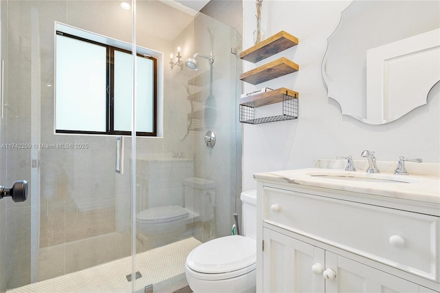 full bathroom featuring toilet, a shower stall, and vanity