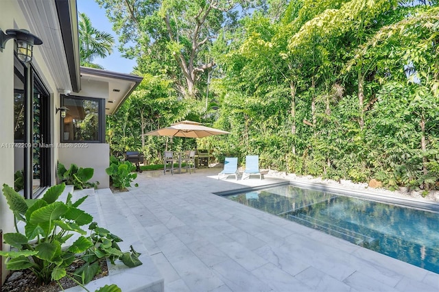 pool with outdoor dining area, grilling area, and a patio