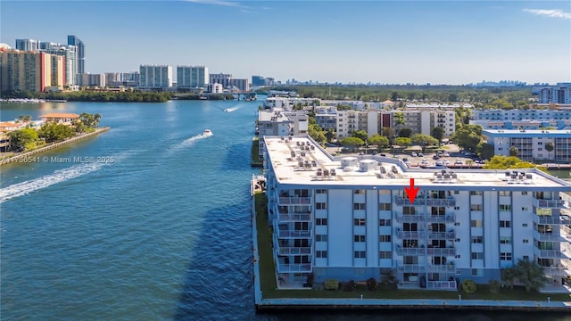 aerial view with a water view and a city view