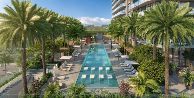 view of swimming pool with shuffleboard