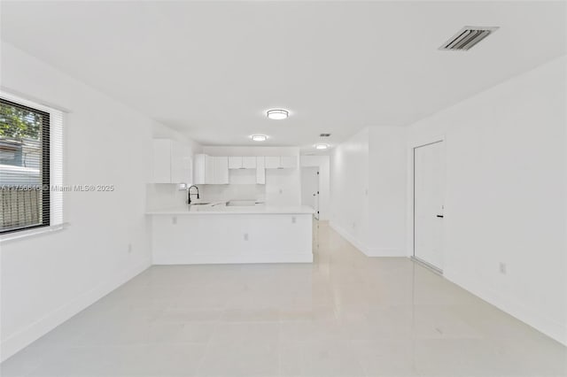 kitchen with light countertops, visible vents, white cabinets, a sink, and a peninsula