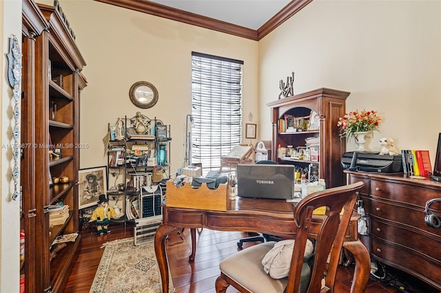 home office featuring dark wood-style floors and crown molding