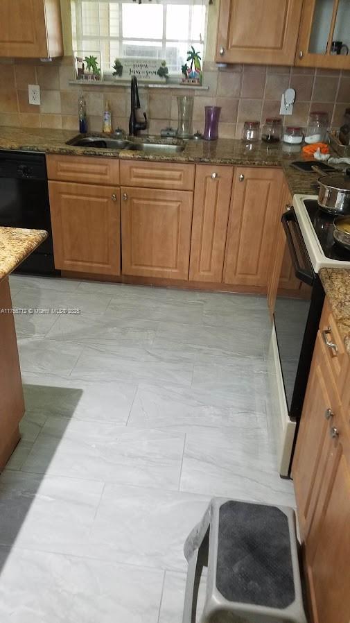 kitchen featuring dishwasher, stove, a sink, and stone counters