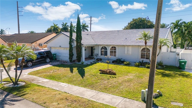 view of front facade featuring driveway, fence, a front yard, a garage, and a tiled roof