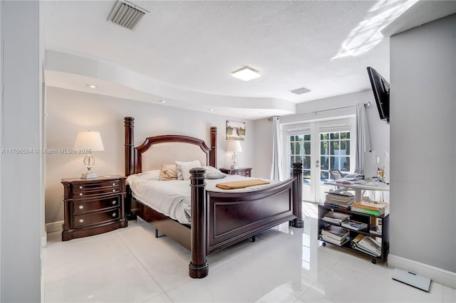 bedroom featuring visible vents, baseboards, light tile patterned flooring, access to exterior, and french doors