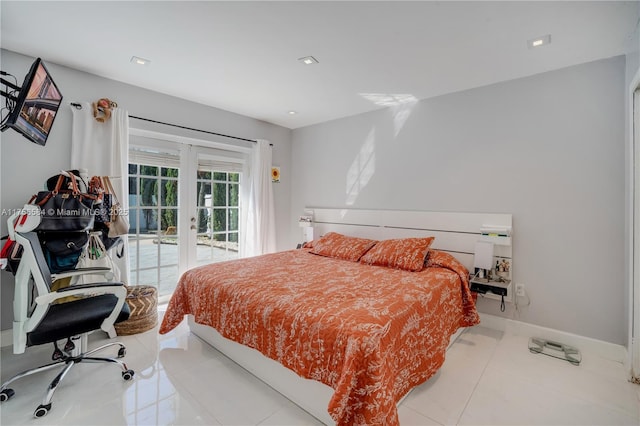 bedroom with baseboards, recessed lighting, french doors, light tile patterned flooring, and access to outside