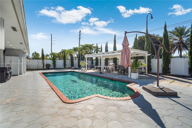 view of pool featuring a fenced in pool, a patio area, a pergola, and a fenced backyard