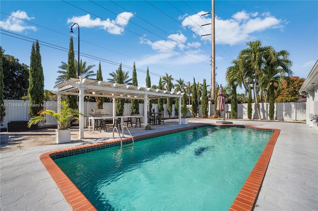 view of swimming pool featuring a fenced in pool, a pergola, a patio, and fence