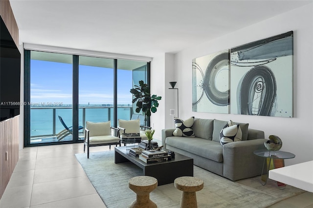 tiled living area featuring expansive windows