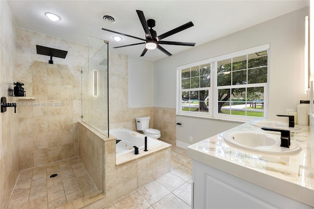 1970 SW 115th Ave, Davie, FL 33325 - full bathroom with ceiling fan, a tile shower, double vanity, visible vents, and a bath