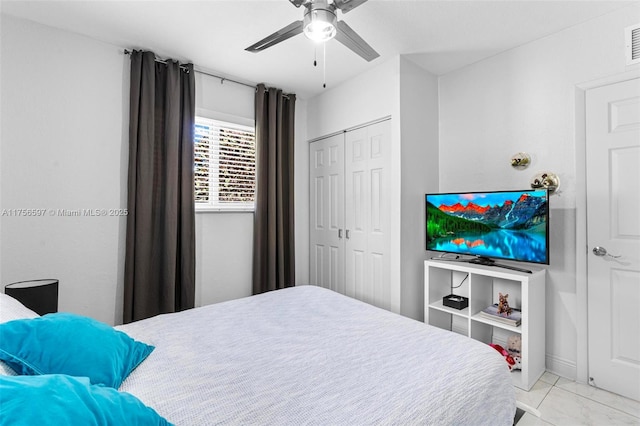 bedroom featuring a ceiling fan, visible vents, and a closet