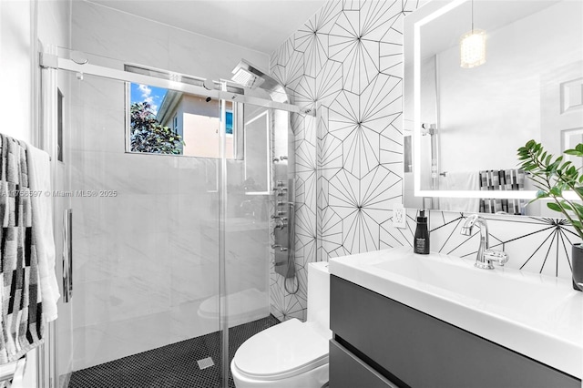 full bath with vanity, toilet, a shower stall, decorative backsplash, and tile walls