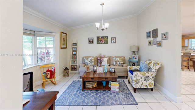 living room featuring baseboards, ornamental molding, a notable chandelier, and light tile patterned flooring