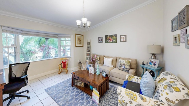 living room with a notable chandelier, ornamental molding, and tile patterned floors