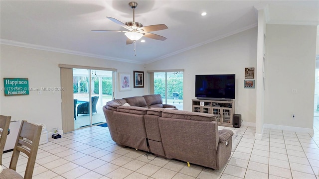 living area with vaulted ceiling, ceiling fan, light tile patterned flooring, and crown molding