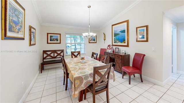 dining space featuring a notable chandelier, crown molding, and light tile patterned flooring