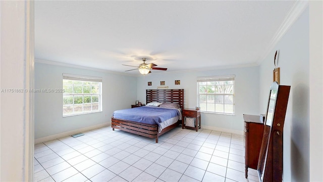 bedroom featuring light tile patterned floors, multiple windows, baseboards, and crown molding