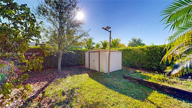 view of yard with a storage shed and an outdoor structure